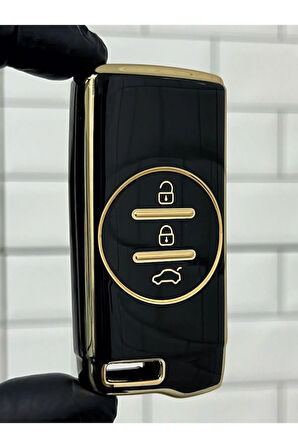 Lüx Chery Tiggo 7 Pro 3 Buton Smart Nano Anahtar Kılıfı Siyah Gold Altın Renk 1.ci Kalite