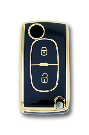 Citroen C3 Peugeot 307 2 Buton Sustalı Siyah Nano Oto Anahtar Kumanda Kabı Kılıfı Gold Siyah Renk