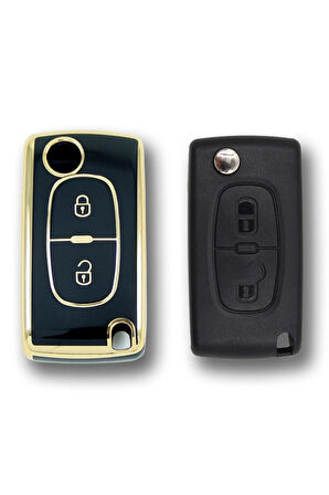 Citroen C3 Peugeot 307 2 Buton Sustalı Siyah Nano Oto Anahtar Kumanda Kabı Kılıfı Gold Siyah Renk