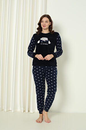 Fawn 5006 Peluş Welsoft Polar Kışlık Yumoş Kadın Pijama Takımı Uyuyan Kedili
