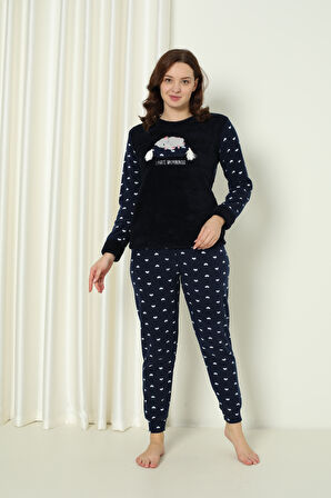 Fawn 5006 Peluş Welsoft Polar Kışlık Yumoş Kadın Pijama Takımı Uyuyan Kedili