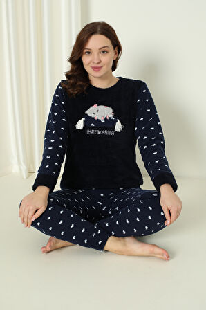 Fawn 5006 Peluş Welsoft Polar Kışlık Yumoş Kadın Pijama Takımı Uyuyan Kedili