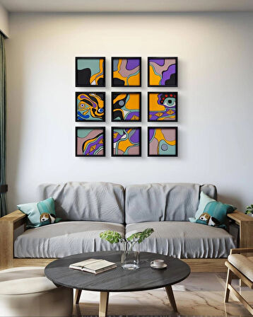 Modern Soyut 9`lu Tablo – El Boyaması – 22x22 Ev Dekorasyon Tablosu – MDF Üzeri Akrilik