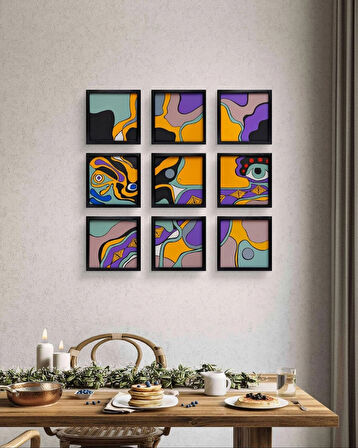 Modern Soyut 9`lu Tablo – El Boyaması – 22x22 Ev Dekorasyon Tablosu – MDF Üzeri Akrilik