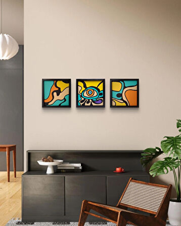 Modern Soyut 3’lü Tablo Seti – El Boyaması – 22x22 Ev Dekorasyon Tablosu – MDF Üzeri Akrilik