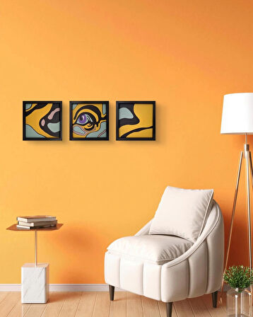 Modern Soyut 3`lü Tablo – El Boyaması – 22x22 Ev Dekorasyon Tablosu – MDF Üzeri Akrilik