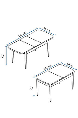  Fiona 80x132 Mdf Masa Metal Ayaklı Açılabilir Üst Kalite Mutfak Masası, Yemek Masası, Salon Masası