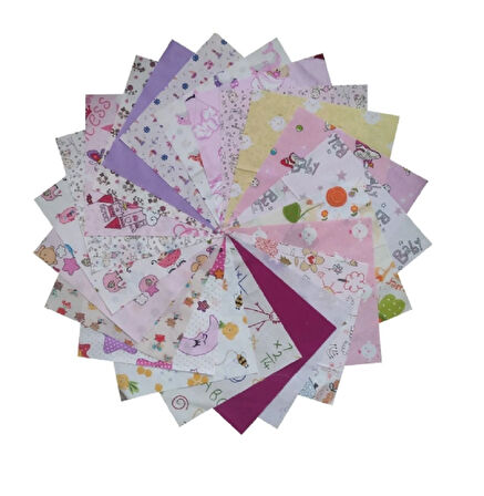 Kız Bebek Çocuk Pembeli - 25x25 Cm 20 Parça Kırkyama Patchwork Pamuklu Kumaş 