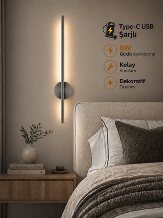 Flame Krom Sarjlı Led Aplik | 8W | 3200K Gün Işığı | 75cm | Duvar Tipi /Tablo Dekoratif Işık
