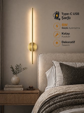 Flame Gold Sarjlı Led Aplik | 8W | 3200K Gün Işığı | 75cm | Duvar Tipi /Tablo Dekoratif Işık