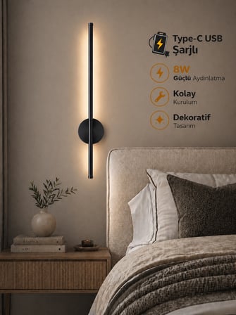 Flame Siyah Sarjlı Led Aplik | 8W | 3200K Gün Işığı | 75cm | Duvar Tipi /Tablo Dekoratif Işık
