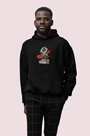 Flower Baskılı Siyah Erkek Kapüşonlu 3 iplik Şardonlu Ribanalı Sweatshirt Hoodie