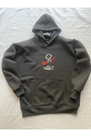 Flower Baskılı Siyah Erkek Kapüşonlu 3 iplik Şardonlu Ribanalı Sweatshirt Hoodie