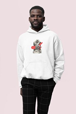 Flower Baskılı Beyaz Erkek Kapüşonlu 3 iplik Şardonlu Ribanalı Sweatshirt Hoodie