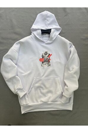 Flower Baskılı Beyaz Erkek Kapüşonlu 3 iplik Şardonlu Ribanalı Sweatshirt Hoodie