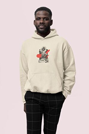 Flower Baskılı Bej Erkek Kapüşonlu 3 iplik Şardonlu Ribanalı Sweatshirt Hoodie