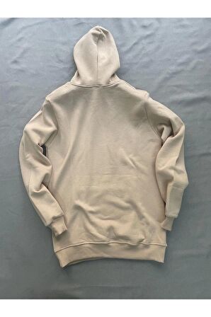 Flower Baskılı Bej Erkek Kapüşonlu 3 iplik Şardonlu Ribanalı Sweatshirt Hoodie