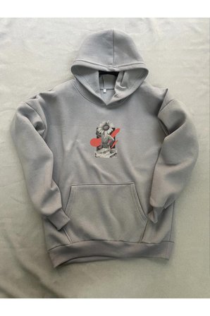 Flower Baskılı Gri Erkek Kapüşonlu 3 iplik Şardonlu Ribanalı Sweatshirt Hoodie