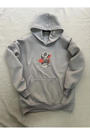 Flower Baskılı Gri Erkek Kapüşonlu 3 iplik Şardonlu Ribanalı Sweatshirt Hoodie
