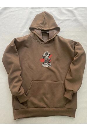 Flower Baskılı Kahverengi Erkek Kapüşonlu 3 iplik Şardonlu Ribanalı Sweatshirt Hoodie