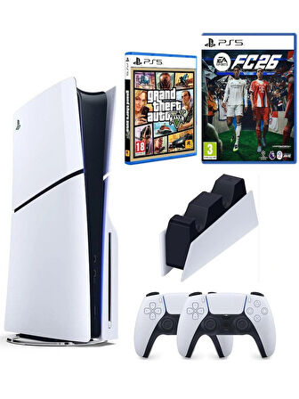 Sony Playstation 5 Slim +2.kol Dualsense +Şarj istasyonu +PS5 FC26 + GTA V ( İthalatçı Garantili)