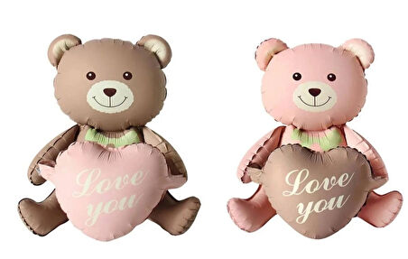 2'Lİ Love You Yazılı Retro Kahverengi ve Pembe Kalpli Oturan Ayı Folyo Balon