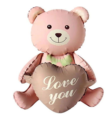 2'Lİ Love You Yazılı Retro Kahverengi ve Pembe Kalpli Oturan Ayı Folyo Balon