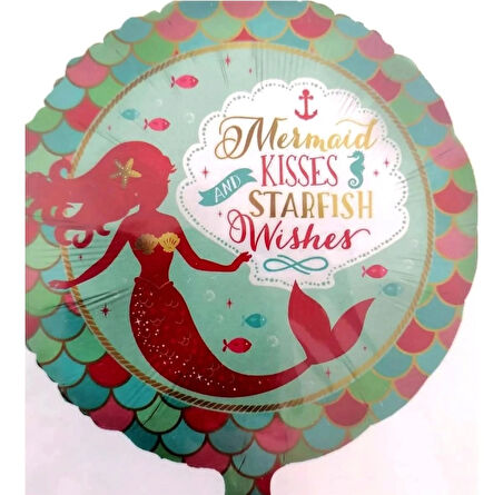 PEMBELİ MAVİLİ Deniz Kızı Yuvarlak Folyo Balon 1 Adet 18''