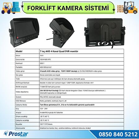 Forklift Kamera Sistemi Reach Truck 2 Kameralı 7 inç Monitörlü Kayıtlı Kamera Seti