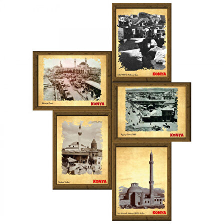 Eski Konya 13,5x18 cm Çerçeve Görünümlü 5'li Ahşap Tablo Seti, Siyah Beyaz Tablo