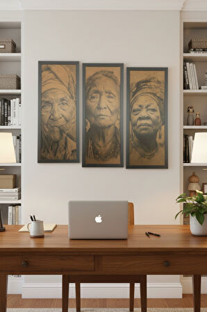 Zamanın İzleri - 3'lü Triptik Tablo, Yaşlı Kadın Figürlü Sanat Eseri, 25x60 cm Çerçeveli