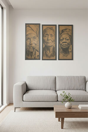 Zamanın İzleri - 3'lü Triptik Tablo, Yaşlı Kadın Figürlü Sanat Eseri, 25x60 cm Çerçeveli