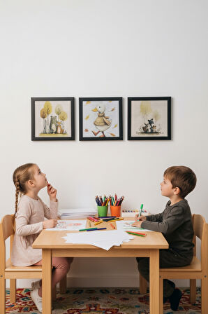 Pastel Orman Temalı 3'lü Çerçeveli Tablo Seti - Çocuk Odası, Bebek Odası Dekor Ürünleri