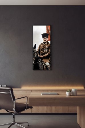 Atatürk At Üstünde Tablo 25x60 cm Dikey Siyah Çerçeveli Duvar Dekoru | Ofis, Okul ve Ev İçin