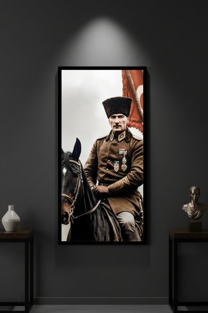 Atatürk At Üstünde Tablo 25x60 cm Dikey Siyah Çerçeveli Duvar Dekoru | Ofis, Okul ve Ev İçin