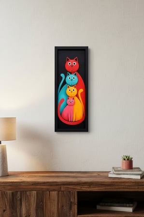 Modern Renkli Kedi Tablosu 25x60 cm Çerçeveli Minimal Duvar Dekoru