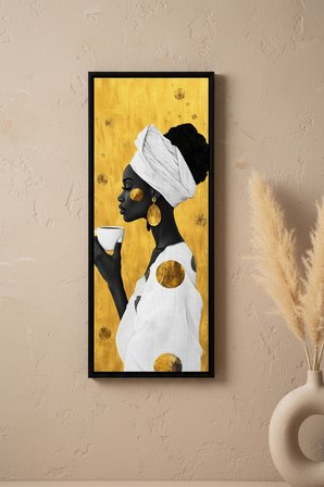Afrikalı Kadın Kahve Temalı Dekoratif Duvar Tablosu 25x60 cm Siyah Çerçeveli Modern Dikey Tablo
