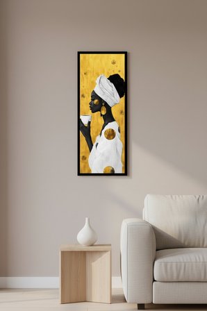 Afrikalı Kadın Kahve Temalı Dekoratif Duvar Tablosu 25x60 cm Siyah Çerçeveli Modern Dikey Tablo