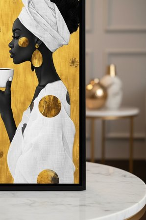 Afrikalı Kadın Kahve Temalı Dekoratif Duvar Tablosu 25x60 cm Siyah Çerçeveli Modern Dikey Tablo