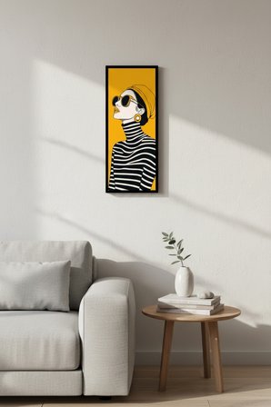 Kadın Figürlü Dekoratif Duvar Tablosu 25x60 cm Siyah Çerçeveli Modern Dikey Tablo