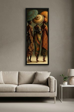 Afrikalı Kadınlar Şemsiyeli Çerçeveli Dekoratif Tablo 25x60 cm Dikey Duvar Tablosu Salon Yatak Odası