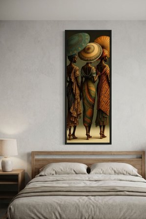 Afrikalı Kadınlar Şemsiyeli Çerçeveli Dekoratif Tablo 25x60 cm Dikey Duvar Tablosu Salon Yatak Odası