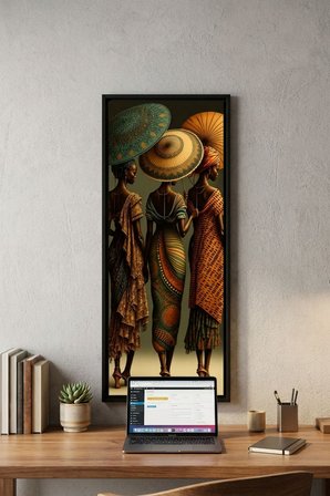 Afrikalı Kadınlar Şemsiyeli Çerçeveli Dekoratif Tablo 25x60 cm Dikey Duvar Tablosu Salon Yatak Odası
