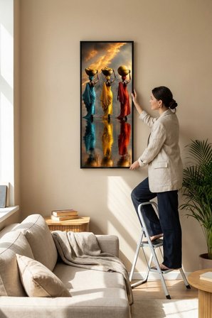 Sepet Taşıyan Afrikalı Kadınlar Çerçeveli Dekoratif Tablo 25x60 cm Dikey Duvar Tablosu Salon Yatak O