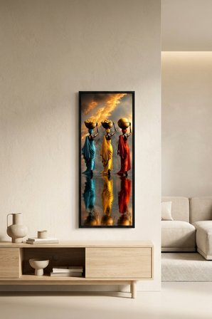 Sepet Taşıyan Afrikalı Kadınlar Çerçeveli Dekoratif Tablo 25x60 cm Dikey Duvar Tablosu Salon Yatak O