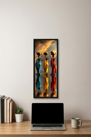 Sepet Taşıyan Afrikalı Kadınlar Çerçeveli Dekoratif Tablo 25x60 cm Dikey Duvar Tablosu Salon Yatak O