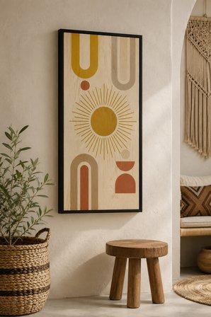Boho Güneş ve Geometrik Şekiller Ahşap Tablo | UV Baskı | Siyah Çerçeveli | 25x60 cm Dikey | Modern 