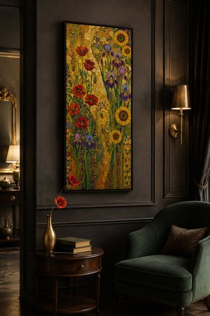 Gustav Klimt Çiçek Bahçesi Ahşap Tablo | UV Baskı | Siyah Çerçeveli | 25x60 cm Dikey | Lüks Sanatsal