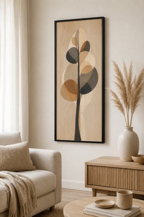 Minimalist Soyut Ağaç Ahşap Tablo | UV Baskı | Siyah Çerçeveli | 25x60 cm Dikey | Modern Organik Dek