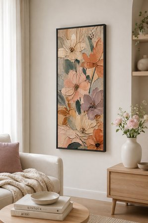Dokulu Soyut Çiçekler Ahşap Tablo | UV Baskı | Siyah Çerçeveli | 25x60 cm Dikey | Pastel Ev Dekorasy